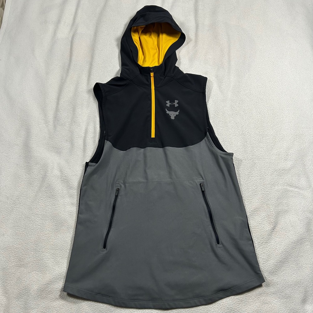 Under Armour Project Rock Sleeveless Hoodie Mens Large Gray Black Brahma Bull UA